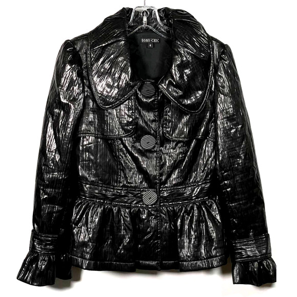 Boho Chic Jackets & Blazers - Boho Chic Black High Shine Button Front Jacket Size 6 Ruffled Big Buttons